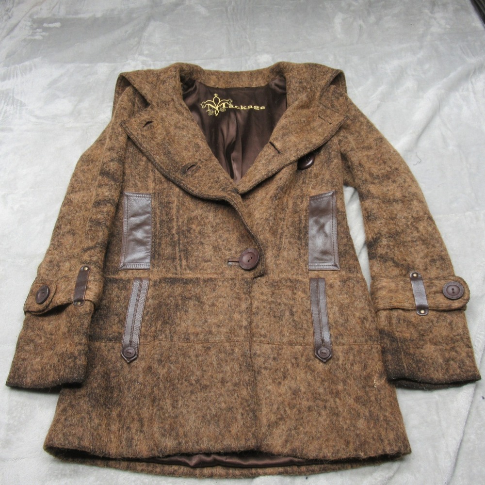 Mackage Wool Coat Women XS? Brown Wool Mohair Cashmere Leather VTG RARE READ‎